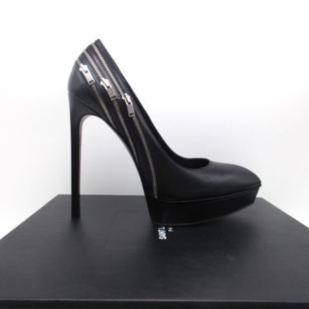 Yves Saint Laurent Black Leather Zipper s Detail Pumps Platforms, 37.5